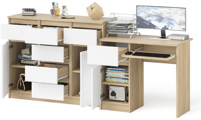 Мори компьютерный стол МС-1 левый + Комод МК1200.4, дуб сонома/белый