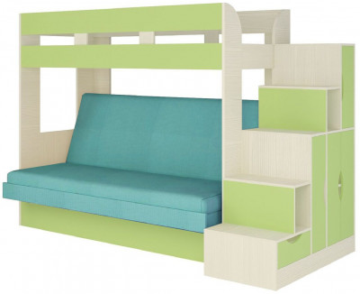 Карамель 75-01 Кровать-чердак Зеленый / Бодега светлый / Велюр Морская волна