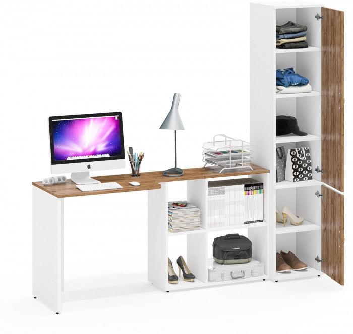 Лидер-8 Стол + Пенал МД 22Б, белый шагрень/крафт золото