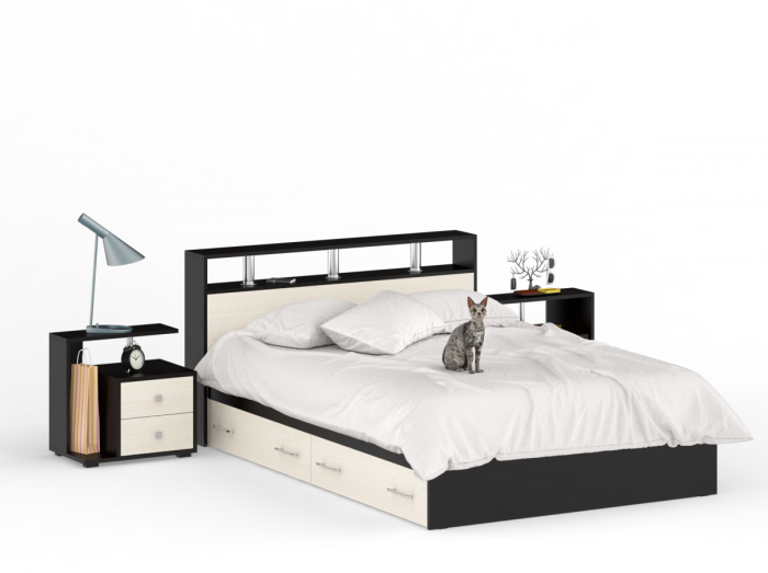 Камелия Кровать с ящиками 1400 + две тумбы, цвет венге/дуб лоредо, ШхГхВ 256х217х78,2 см., сп.м. 1400х2000 мм., без матраса, основание есть