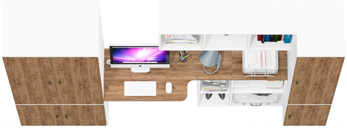 Лидер-8 Шкаф МД 19Б + Стол + Полка + Пенал 23Б, белый шагрень/крафт золото