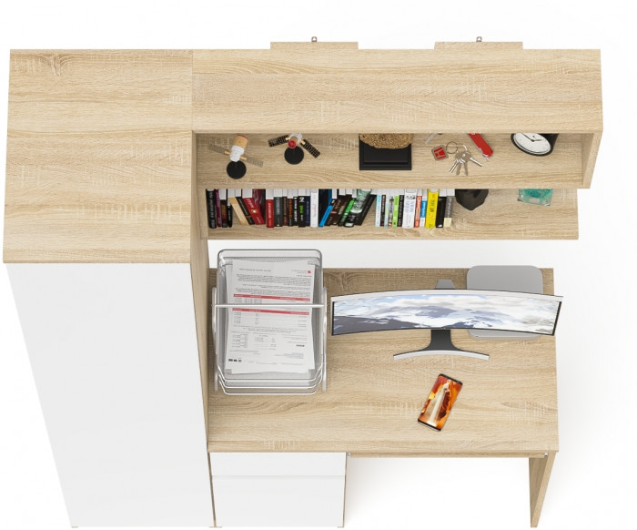 Мори компьютерный стол МС-1 левый + Пенал МШ400.1 + Полка 900, дуб сонома/белый