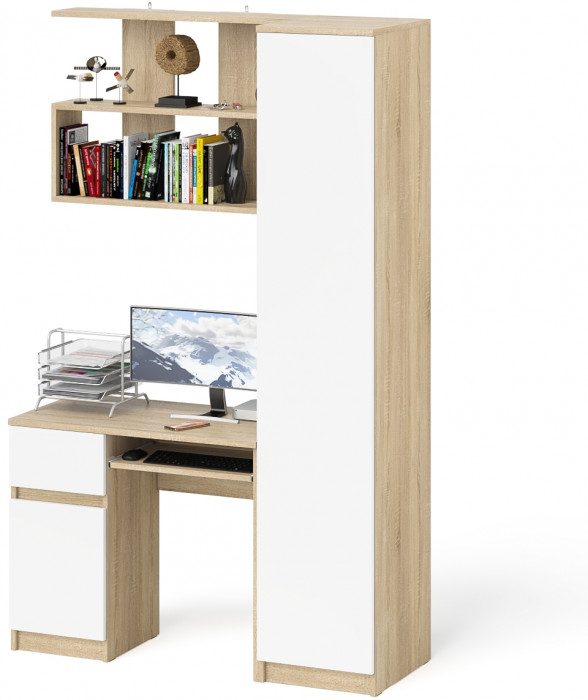 Мори компьютерный стол МС-1 левый + Пенал МШ400.1 + Полка 900, дуб сонома/белый