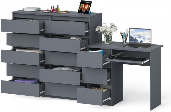 Мори Стол компьютерный МС-6 левый + Комод МК1200.10, цвет графит, ШхГхВ 210,4х50х115 см., выдвижные ящики слева, НЕ универсальная сборка