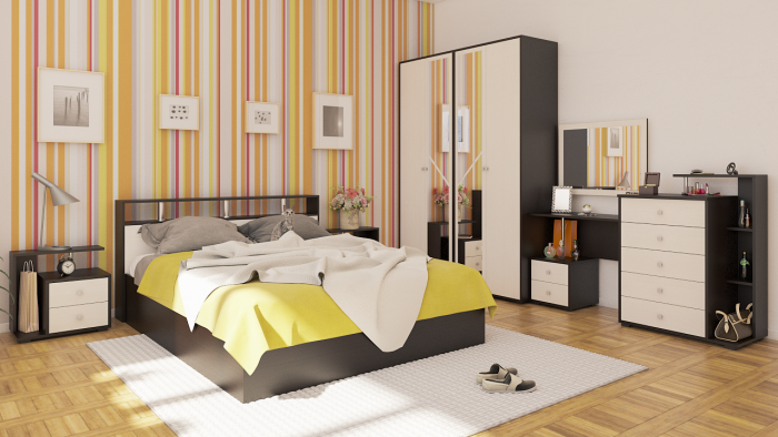 Камелия спальня № 3 Кровать 1600 + Две тумбы + Стол косметич. + Зеркало + Комод + Шкаф 4-х, венге/дуб лоредо