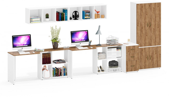 Лидер-8 Стол + Полка + Стол + Полка + Шкаф МД 20Б + Тумба МД 3.16, белый шагрень/крафт золото