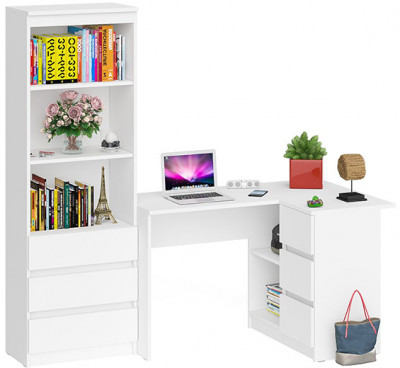 Мори компьютерный стол МС-16 правый + Стеллаж МСТ600.3, белый