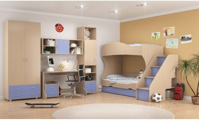 Модульная детская Дельта-3, Дуб молочный / Голубой