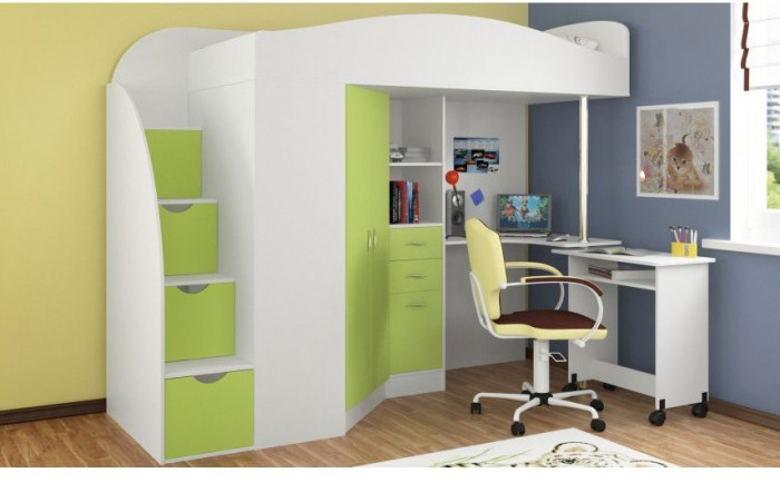 Детская кровать-чердак Теремок-1 Гранд,  Белый / Салатовый