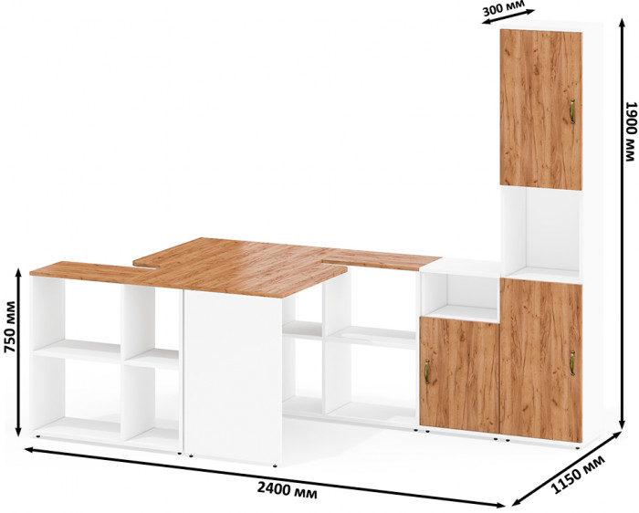 Лидер-8 Стол + Стол + Пенал + Тумба МД 3.19, цвет белый шагрень/крафт золото, ШхГхВ 410х50/30х75/190 см. или 230х50/160х75/190 см., НЕ универс. сборка