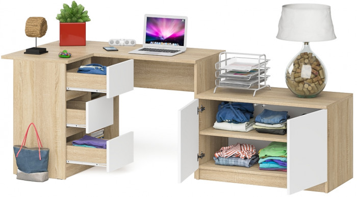Мори компьютерный стол МС-16 левый + Тумба МА900.1, дуб сонома/белый