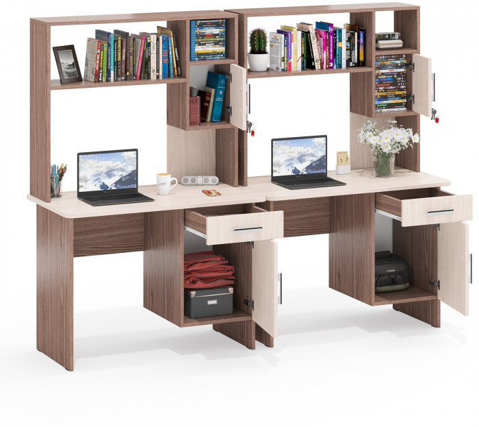 Два стола письменных с надстройкой С-МД-1-09Н, цвет ясень шимо светлый/ясень шимо тёмный, ШхГхВ 210х57х162 см., НЕ универсальная сборка