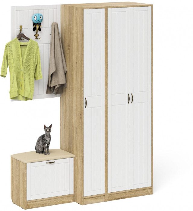 Прихожая П-6 Компоновка № 47, дуб сонома/фасады МДФ белое дерево фрезеровка прованс