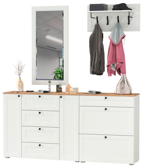 Остин Прихожая 56, цвет белый шагрень/дуб крафт золотой, ШхГхВ 200х54,3х210 см., универсальная сборка