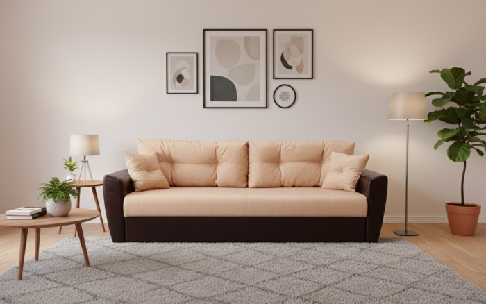 Диван-еврокнижка Амстердам, 150х195, пружинный блок, рогожка/экокожа, коричнево-бежевый