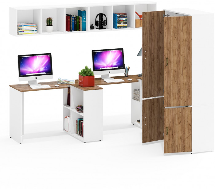 Лидер-8 Стол + Полка + Стол + Полка + Шкаф МД 20Б + Тумба МД 3.19, белый шагрень/крафт золото