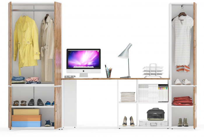 Лидер-8 Шкаф МД 19Б + Стол + Пенал 21Б, белый шагрень/крафт золото