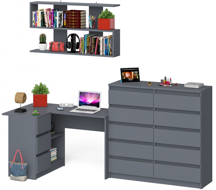 Мори компьютерный стол МС-16 левый + Комод МК1200.10 + Полка 1200, графит