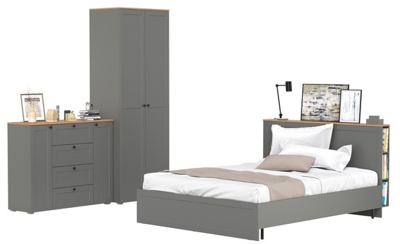 Остин 11.53 Кровать + ортопед + 13.224 Шкаф + 16.221 Комод, серый графит/дуб крафт золотой