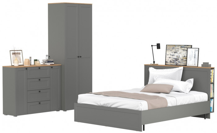Остин 11.53 Кровать + ортопед + 13.224 Шкаф + 16.221 Комод, серый графит/дуб крафт золотой