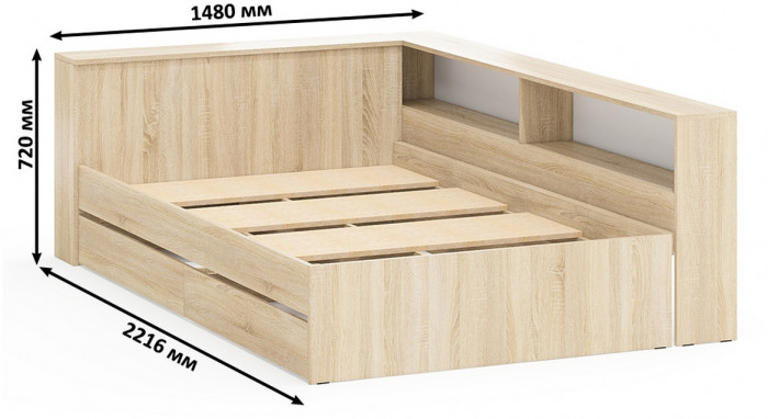 Ксения Кровать с ящиками 1200 + прикроватный блок + Столик с подсветкой Сура, дуб сонома