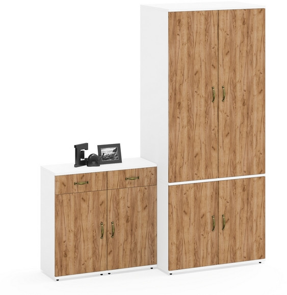 Лидер-8 Шкаф МД 19Б + Тумба МД 3.15 + Тумба МД 3.15, белый шагрень/крафт золото