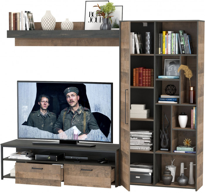 Трувор 13.70 Тумба под ТВ + 13.206 Шкаф-стеллаж + 15.60 Полка, цвет дуб гранж песочный/интра, ШхГхВ 242,8х45,4х194,2 см., универсальная сборка