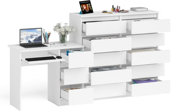 Мори компьютерный стол МС-6 правый + Комод МК1200.10, белый