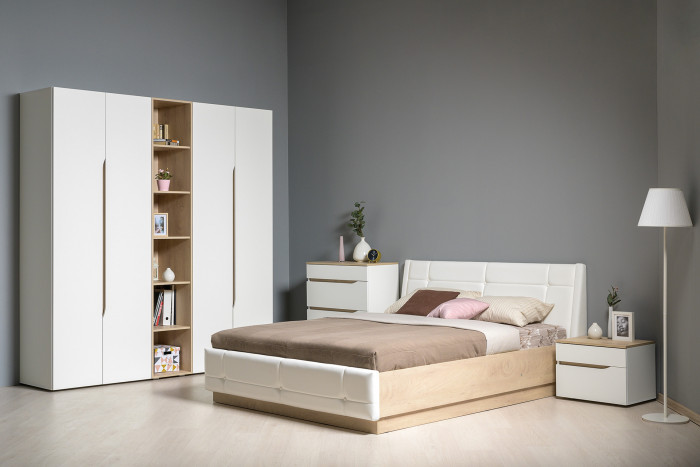 Муссон 16.03 Тумба прикроватная, цвет белый/дуб эндгрейн элегантный, ШхГхВ 56х39,4х42 см., два выдвижных ящика, НЕ универсальная сборка