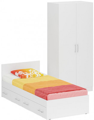 Кровать с ящиками 0900 + Шкаф 2-х створчатый Стандарт, белый