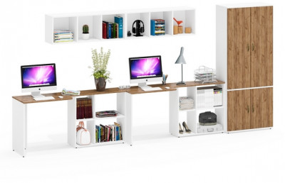 Лидер-8 Стол + Полка + Стол + Полка + Шкаф МД 20Б, белый шагрень/крафт золото