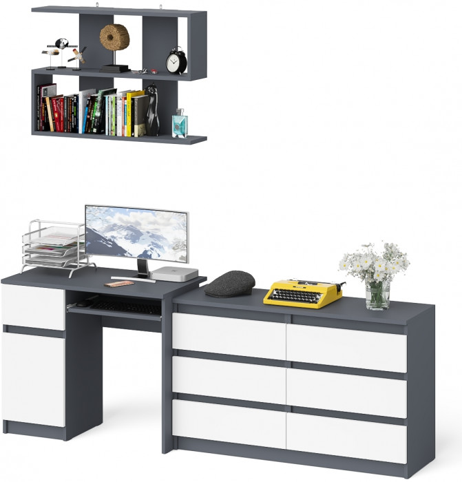 Мори компьютерный стол МС-1 левый + Комод МК1200.6 + Полка 900, графит/белый