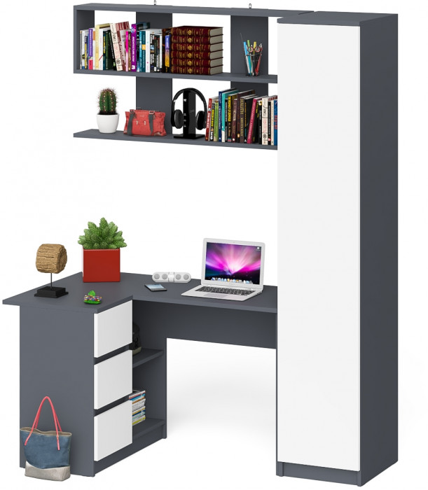 Мори компьютерный стол МС-16 левый + Пенал МШ400.1 + Полка 1200, графит/белый