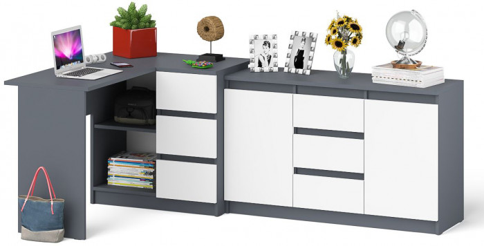 Мори компьютерный стол МС-16 правый + Комод МК1200.3, графит/белый