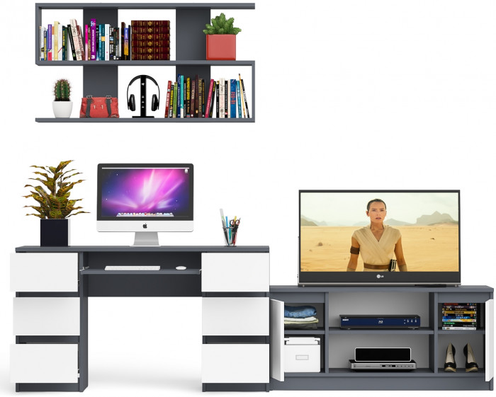 Мори компьютерный стол МС-2 + Тумба МТВ1200.1 + Полка 1200, графит/белый