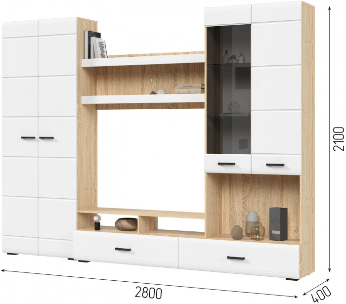 ЛИБЕРТИ ГС 01 Гостиная (2800х2100х400) Фасад МДФ БЕЛЫЙ ГЛЯНЕЦ/Корпус ДУБ СОНОМА