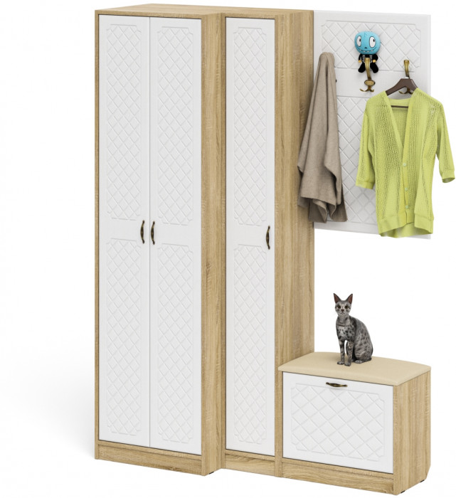 Прихожая П-6 Компоновка № 27, цвет дуб сонома/фасады МДФ белое дерево фрезеровка ромб, ШхГхВ 150х50х210 см., универсальная сборка