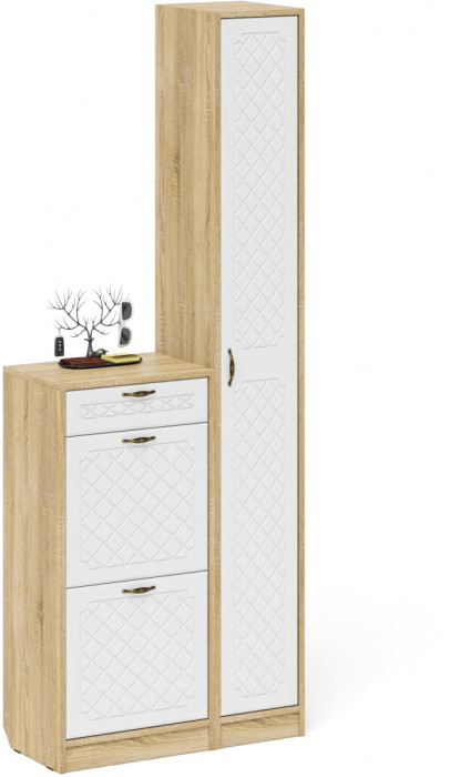 Прихожая П-6 Компоновка № 22, дуб сонома/фасады МДФ белое дерево фрезеровка ромб