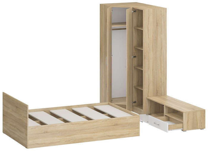 Спальня Стандарт 4-1200, дуб сонома/фасады ТВ тумбы МДФ белый глянец