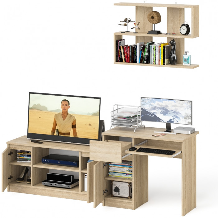 Мори компьютерный стол МС-1 левый + Тумба МТВ1200.1 + Полка 900, дуб сонома