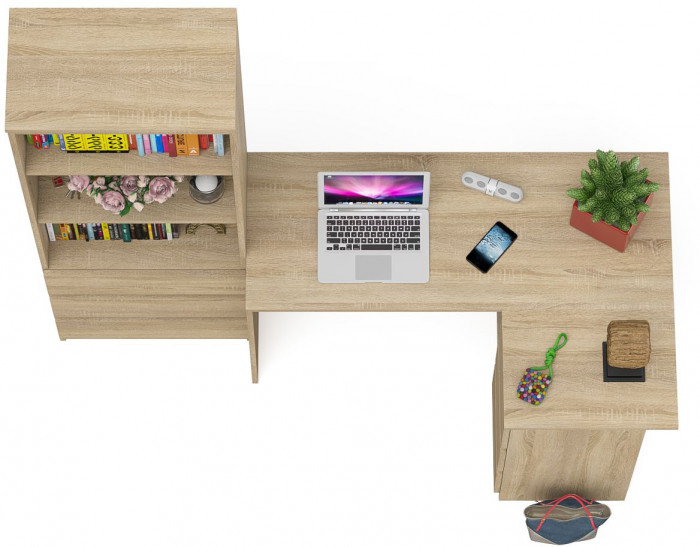 Мори компьютерный стол МС-16 правый + Стеллаж МСТ600.3, дуб сонома