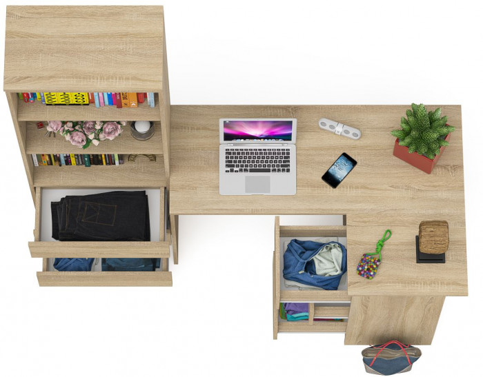 Мори компьютерный стол МС-16 правый + Стеллаж МСТ600.3, дуб сонома