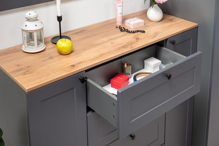 Остин 11.53 Кровать + ортопед + 16.47 Тумба под ТВ + 16.221 Комод, серый графит/дуб крафт золотой