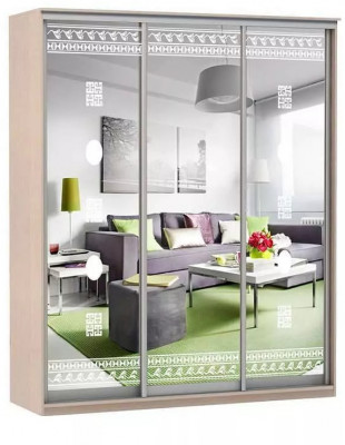 Шкаф купе Модерн 2076х450 3-х дверный 3-х секционный зеркальный с пескоструем №2 ясень