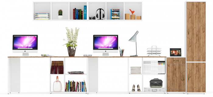 Лидер-8 Стол + Полка + Стол + Полка + Пенал МД 23Б + Тумба МД 3.15, цвет белый шагрень/крафт золото, 410х50х75/190 или 230х160/50х75/190, НЕ ун. сб.