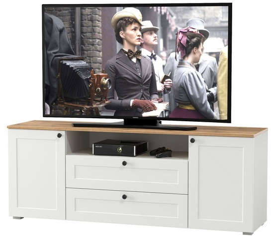 Остин 16.47 Тумба под ТВ, цвет белый шагрень/дуб крафт золотой, ШхГхВ 160х41,9х60,8 см.