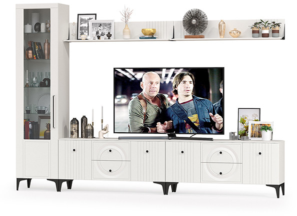 Валенсия Гостиная № 080, цвет ЛДСП белый шагрень/МДФ белый шагрень, ШхГхВ 321,2х38,3х225,2 см., универсальная сборка