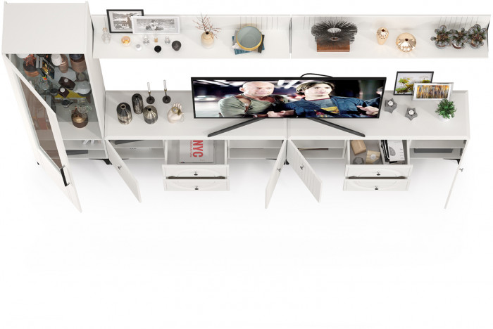 Валенсия Гостиная № 080, цвет ЛДСП белый шагрень/МДФ белый шагрень, ШхГхВ 321,2х38,3х225,2 см., универсальная сборка