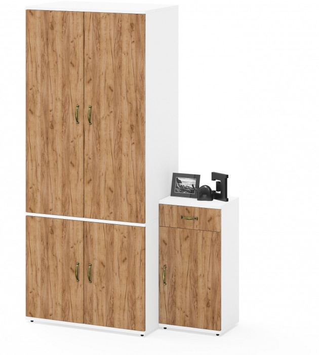 Лидер-8 Шкаф МД 19Б + Тумба МД 3.15, белый шагрень/крафт золото