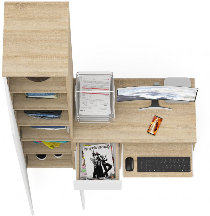 Мори компьютерный стол МС-1 левый + Пенал МШ400.1, дуб сонома/белый